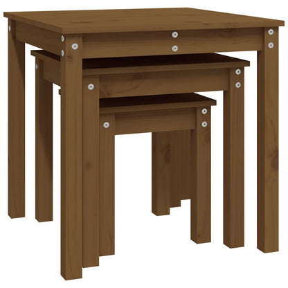 3-Piece Honey Brown Pine Wood Nesting Tables Set