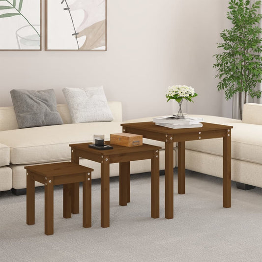 3-Piece Honey Brown Pine Wood Nesting Tables Set