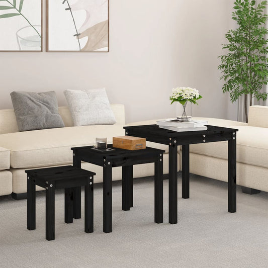 3-Piece Nesting Tables Set - Solid Pine Wood, Black