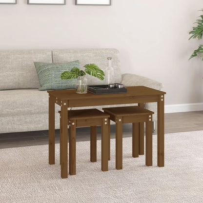 3-Piece Nesting Tables Set - Solid Pine Wood, Honey Brown