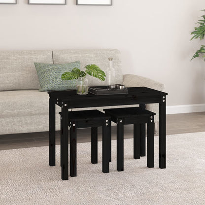 3-Piece Nesting Tables Set - Solid Pine Wood, Black