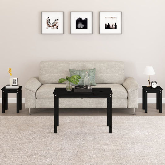 3-Piece Nesting Tables Set - Solid Pine Wood, Black