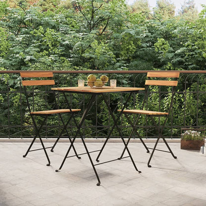Teak & Steel Folding Bistro Chairs - 2 pcs Solid Wood Set