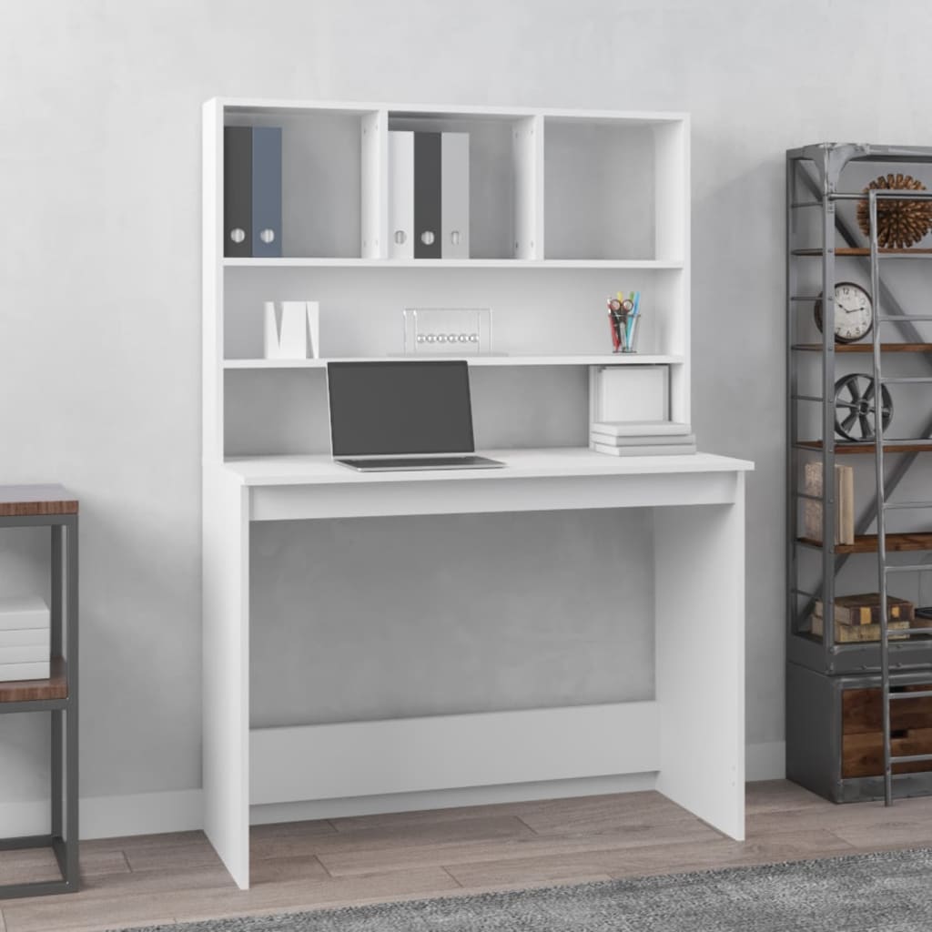 White Engineered Wood Desk with Shelves - 102x45x148 cm