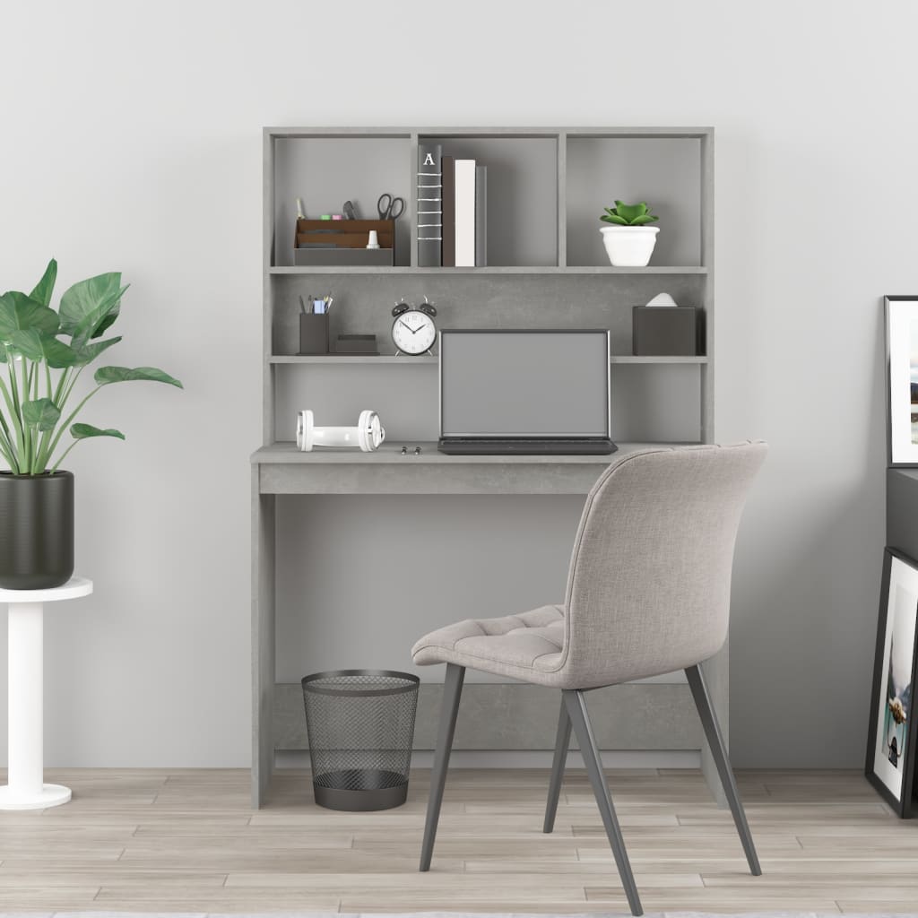 Concrete Grey Desk with Shelves - 102x45x148 cm, Engineered Wood