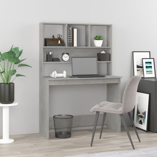 Concrete Grey Desk with Shelves - 102x45x148 cm, Engineered Wood