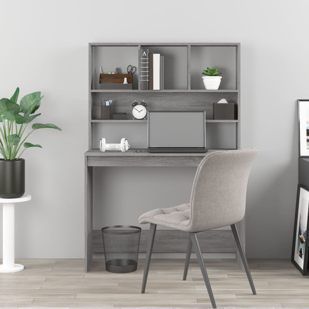 Grey Sonoma Engineered Wood Desk with Shelves, 102x45x148 cm