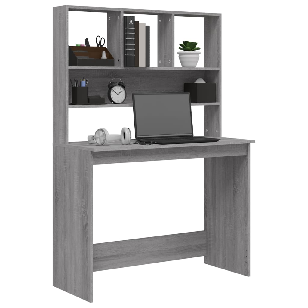 Grey Sonoma Engineered Wood Desk with Shelves, 102x45x148 cm