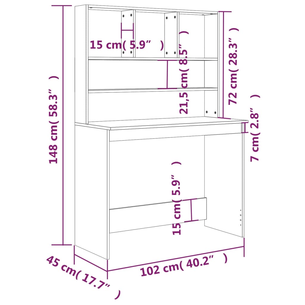 Grey Sonoma Engineered Wood Desk with Shelves, 102x45x148 cm