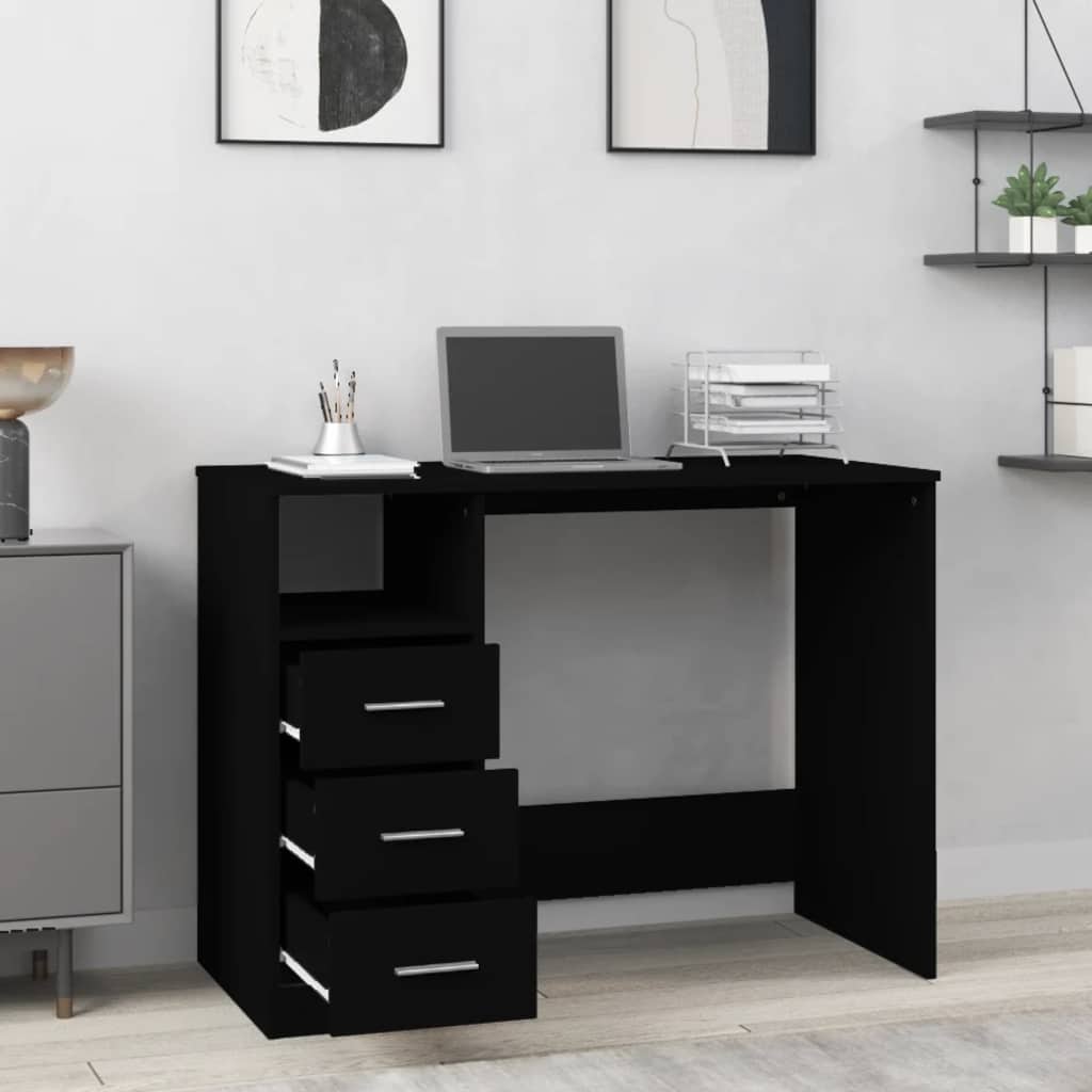 Black Engineered Wood Desk with Drawers - 102x50x76 cm