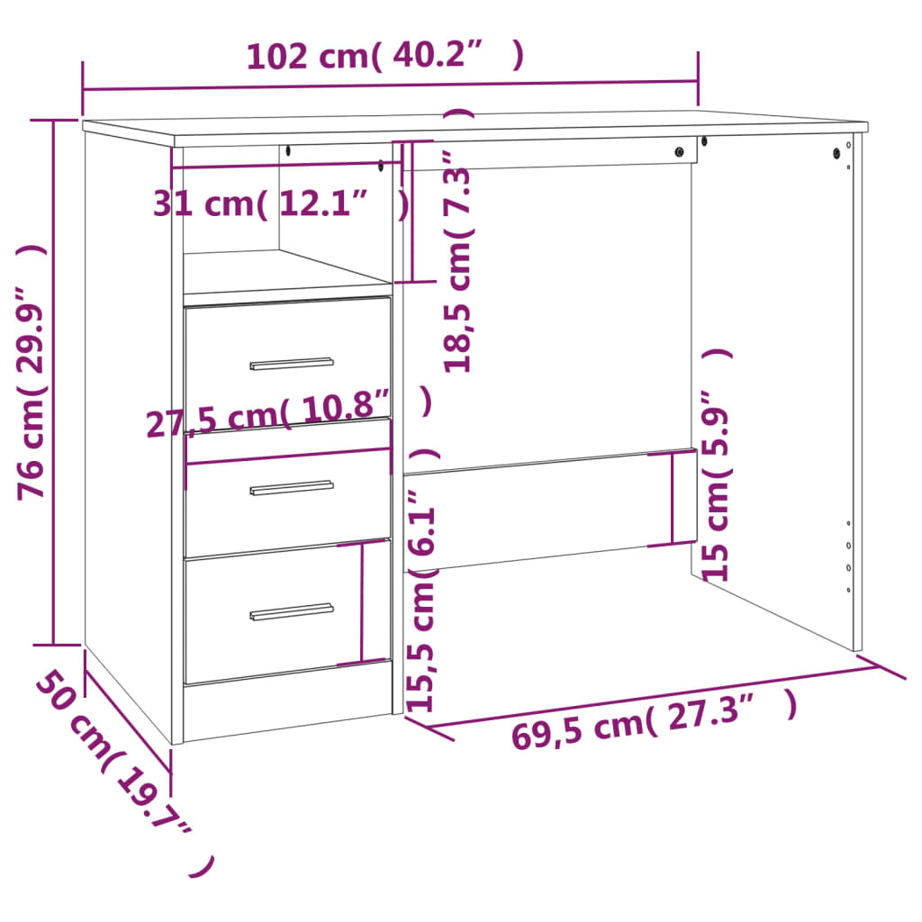 Sonoma Oak Desk with Drawers 102x50x76 cm - Engineered Wood