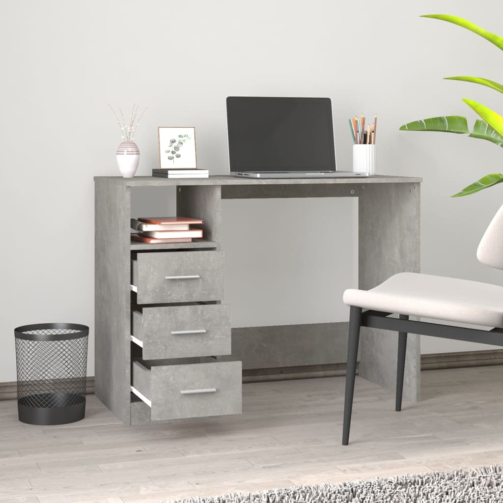 Concrete Grey Desk with Drawers, 102x50x76cm, Engineered Wood