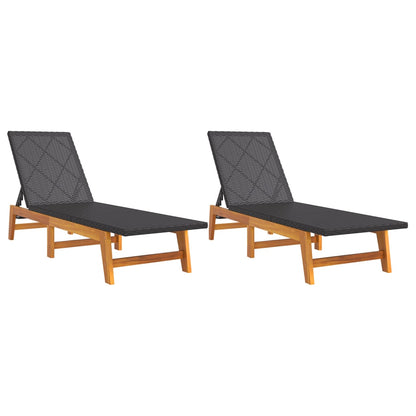 Dual-Tone Poly Rattan & Acacia Wood Sun Loungers - Black/Brown