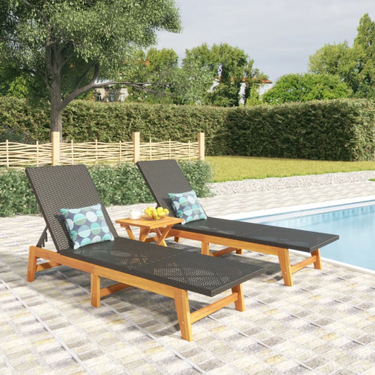 Dual-Tone Poly Rattan & Acacia Wood Sun Loungers - Black/Brown