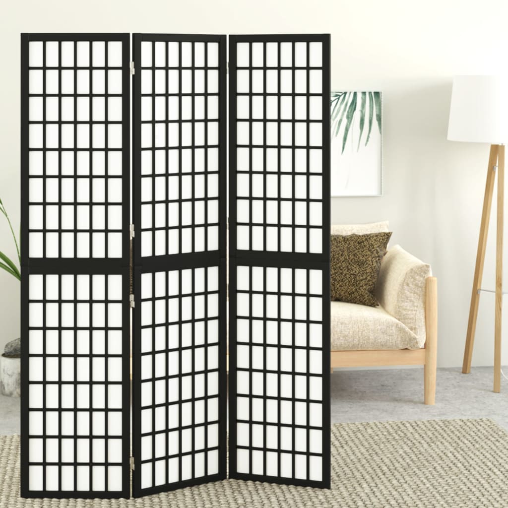 Black Japanese-Style 3-Panel Room Divider, 120x170 cm, Wood