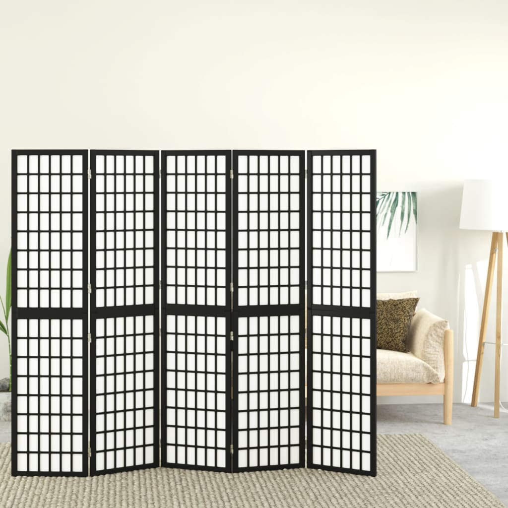 Black Japanese-Style Folding 5-Panel Room Divider 200x170 cm