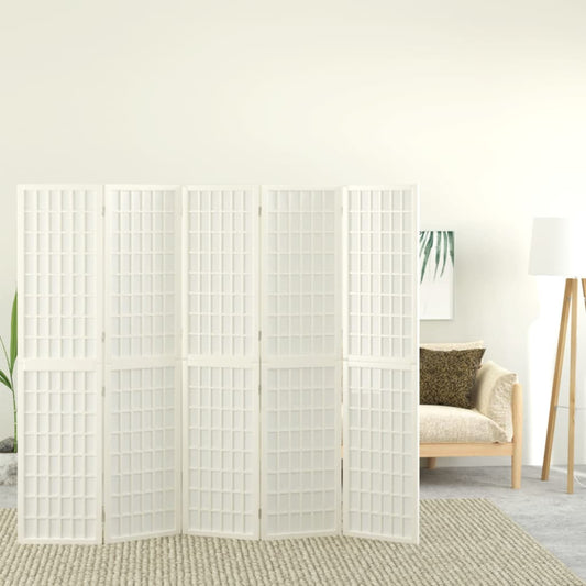 White Japanese Folding 5-Panel Room Divider, 200x170 cm