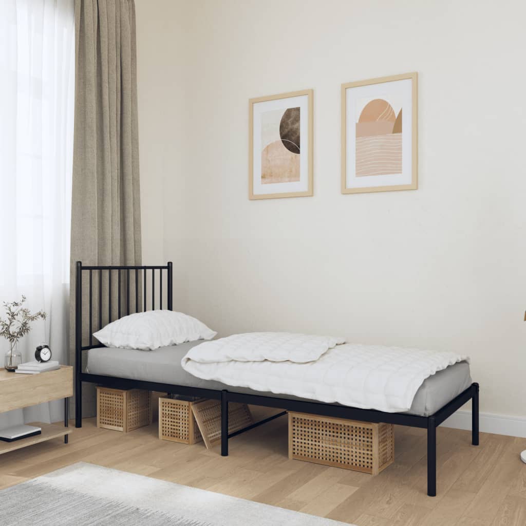 Black Metal Bed Frame with Headboard, 75x190cm – Sturdy & Elegant