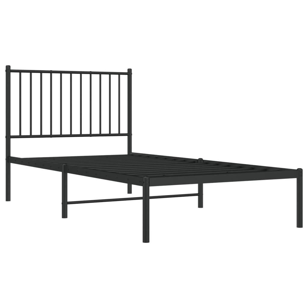 Black Metal Bed Frame with Headboard - 90x190cm, No Mattress