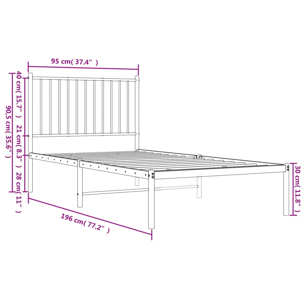 Black Metal Bed Frame with Headboard - 90x190cm, No Mattress
