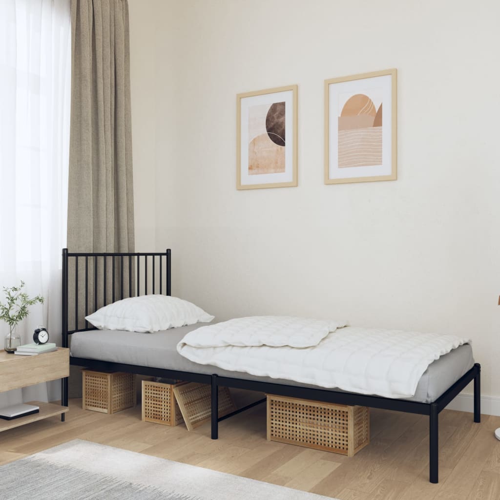 Black Metal Bed Frame with Headboard - 90x190cm, No Mattress