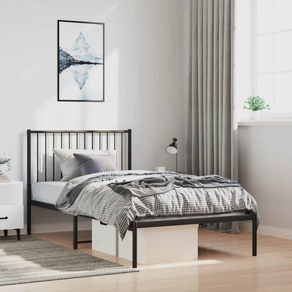Sleek Black Metal Bed Frame with Headboard 100x200cm, No Mattress