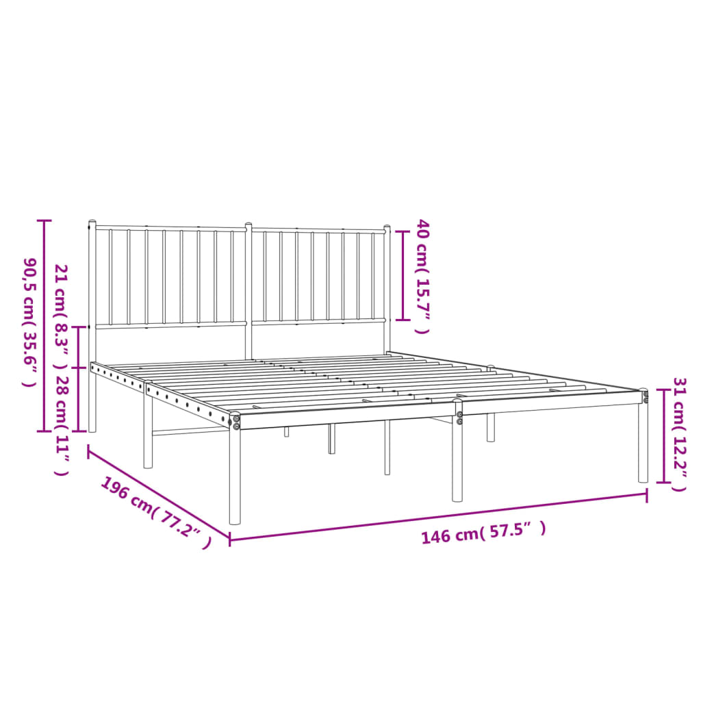 Black Metal Bed Frame with Headboard - 140x190cm, No Mattress
