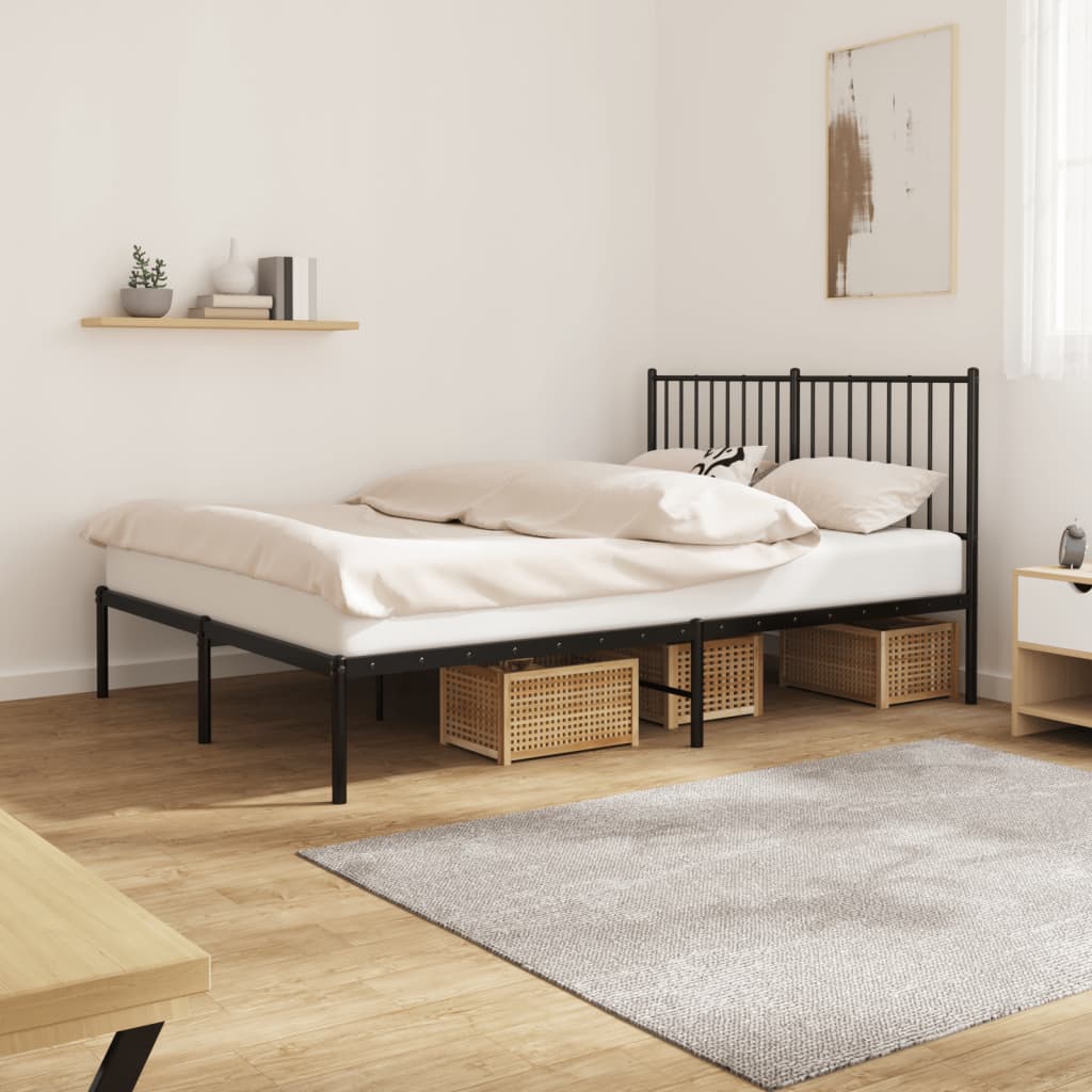 Black Metal Bed Frame with Headboard - 140x190cm, No Mattress