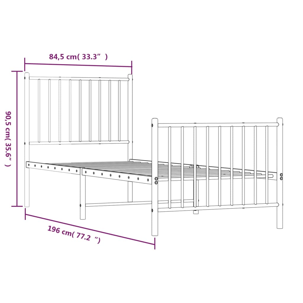 Sleek Black Metal Bed Frame with Footboard - 80x200cm