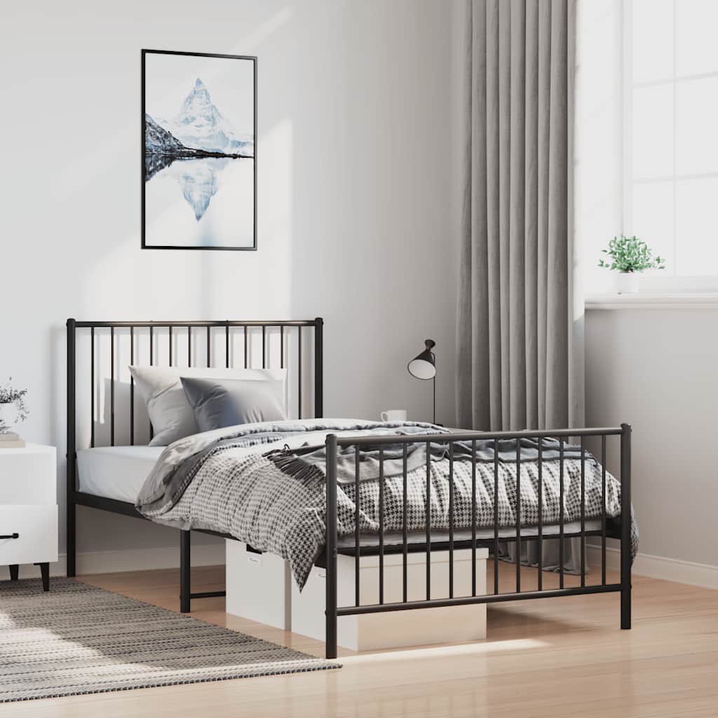 Sleek Black Metal Bed Frame 100x190cm with Footboard - No Mattress