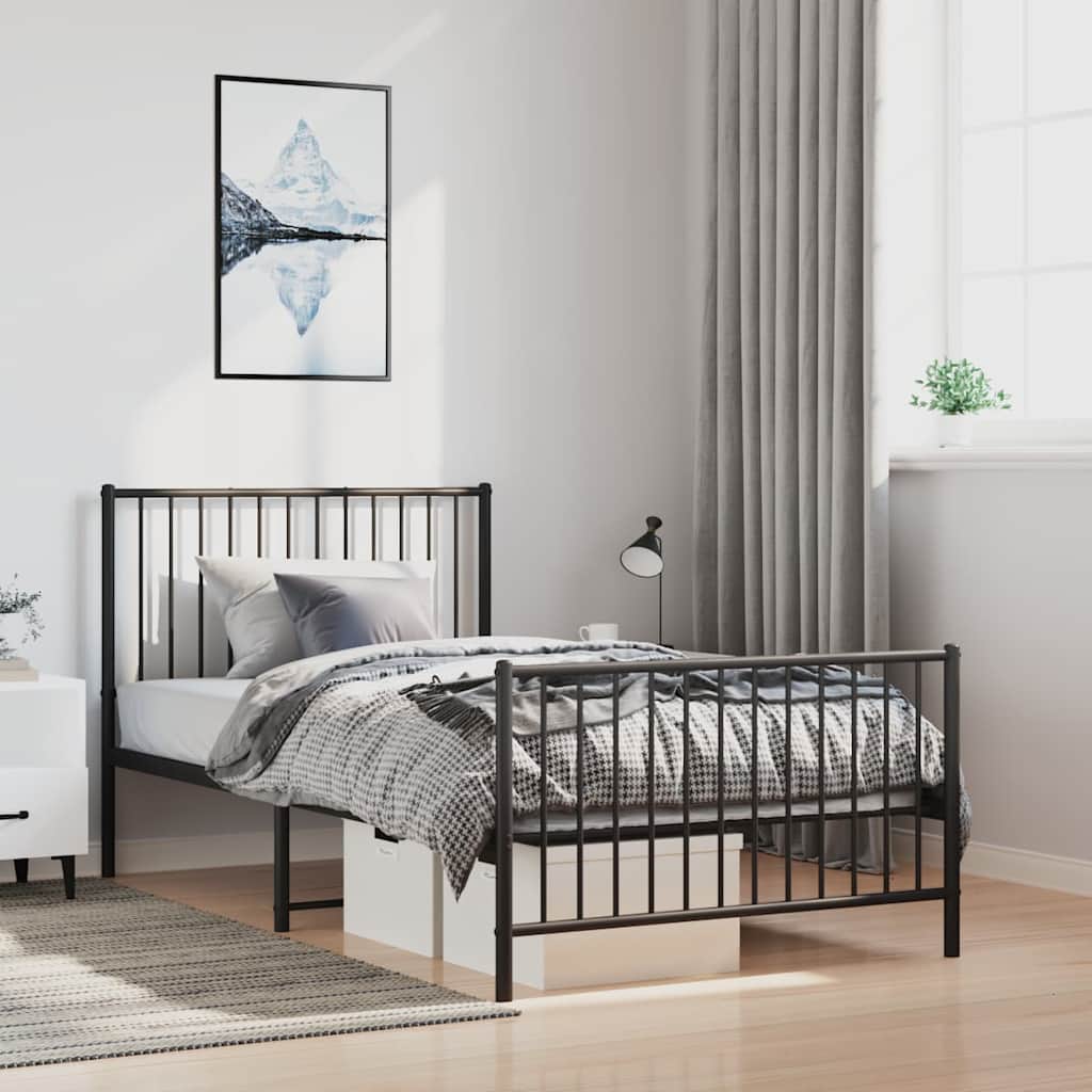 Sleek Black Metal Bed Frame with Footboard 100x200cm - No Mattress