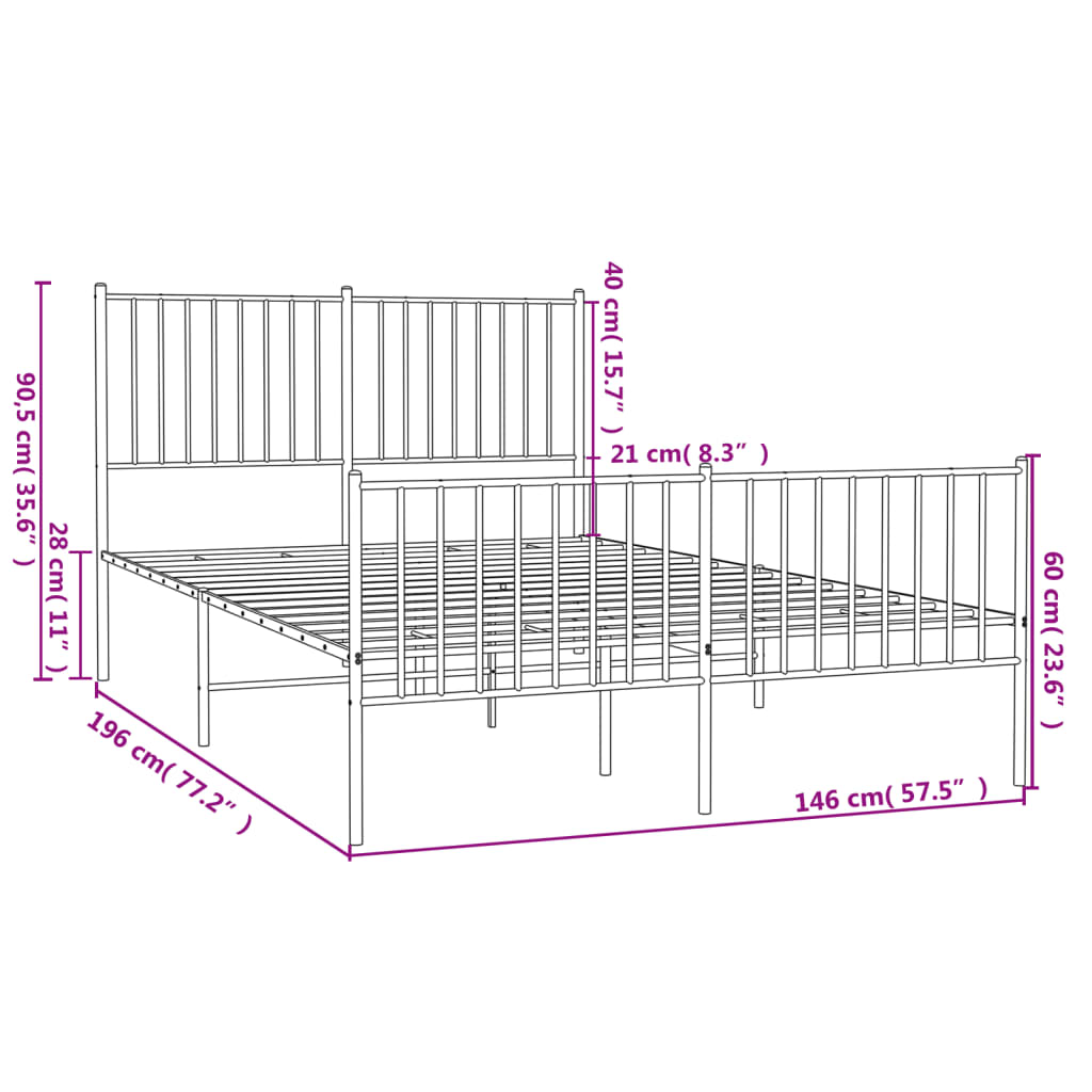 Black Metal Bed Frame with Footboard - 140x190cm, No Mattress
