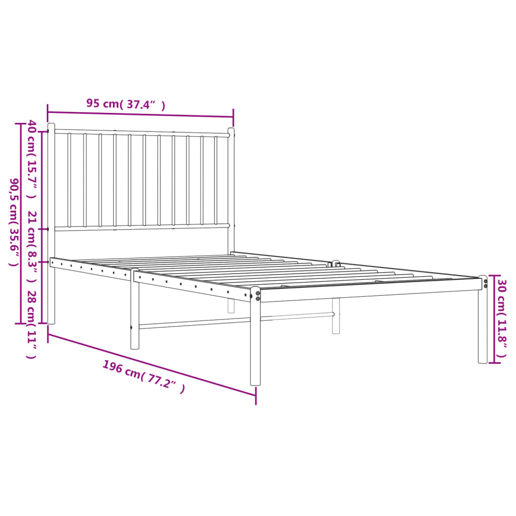 White Metal Bed Frame with Headboard - 90x190cm (Mattress Not Included)