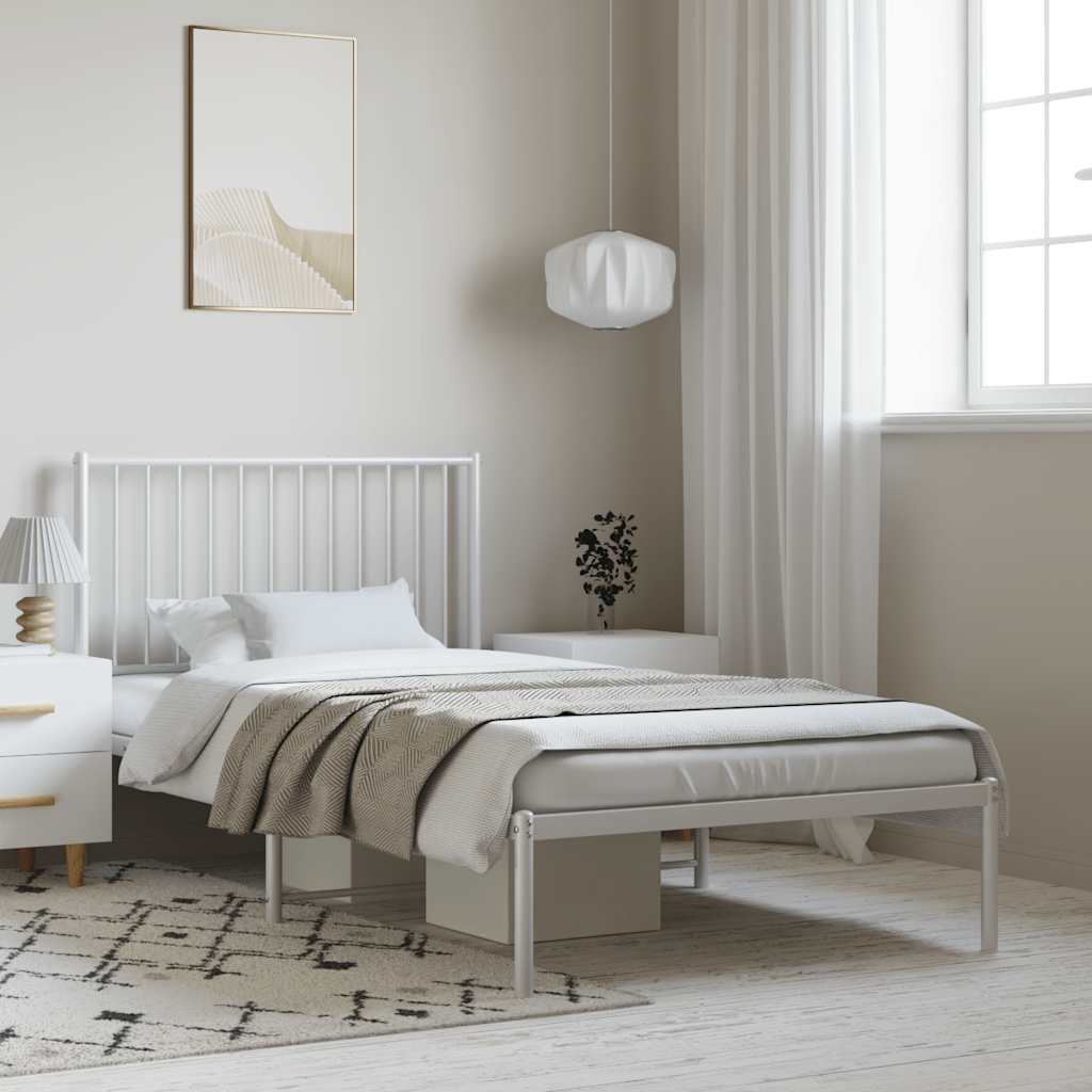 White Metal Bed Frame with Headboard - 100x200cm, No Mattress