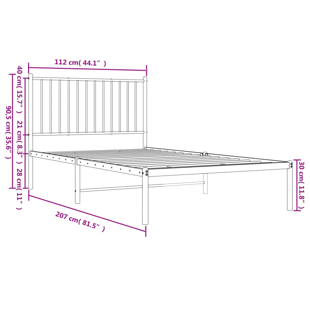 White Metal Bed Frame with Headboard - 107x203cm (Mattress Not Included)