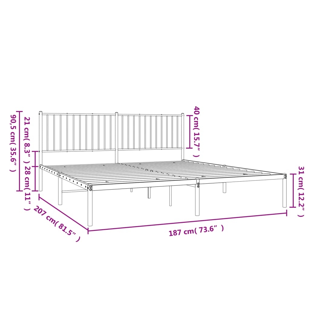 Metal Bed Frame without Mattress with Headboard White 180x200cm