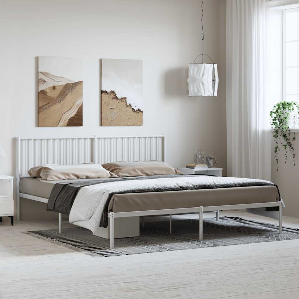 White Metal Bed Frame with Headboard - 183x213cm, No Mattress