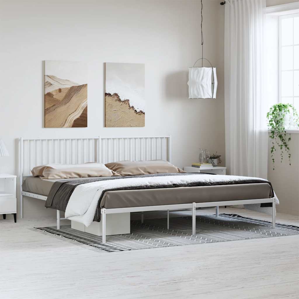 White Metal Bed Frame with Headboard, 193x203cm - Mattress Not Included