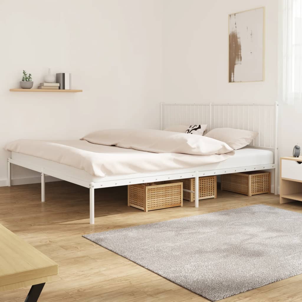White Metal Bed Frame with Headboard (200x200cm) - No Mattress Included