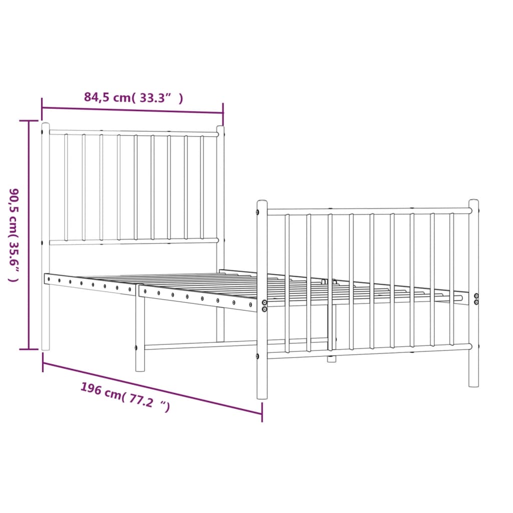 White Metal Bed Frame with Footboard, 80x200cm, No Mattress Included