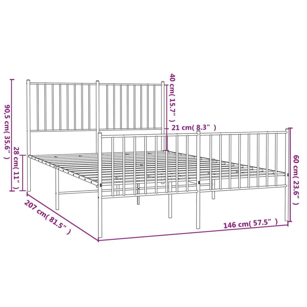 Elegant White Metal Bed Frame with Footboard, 140x200cm