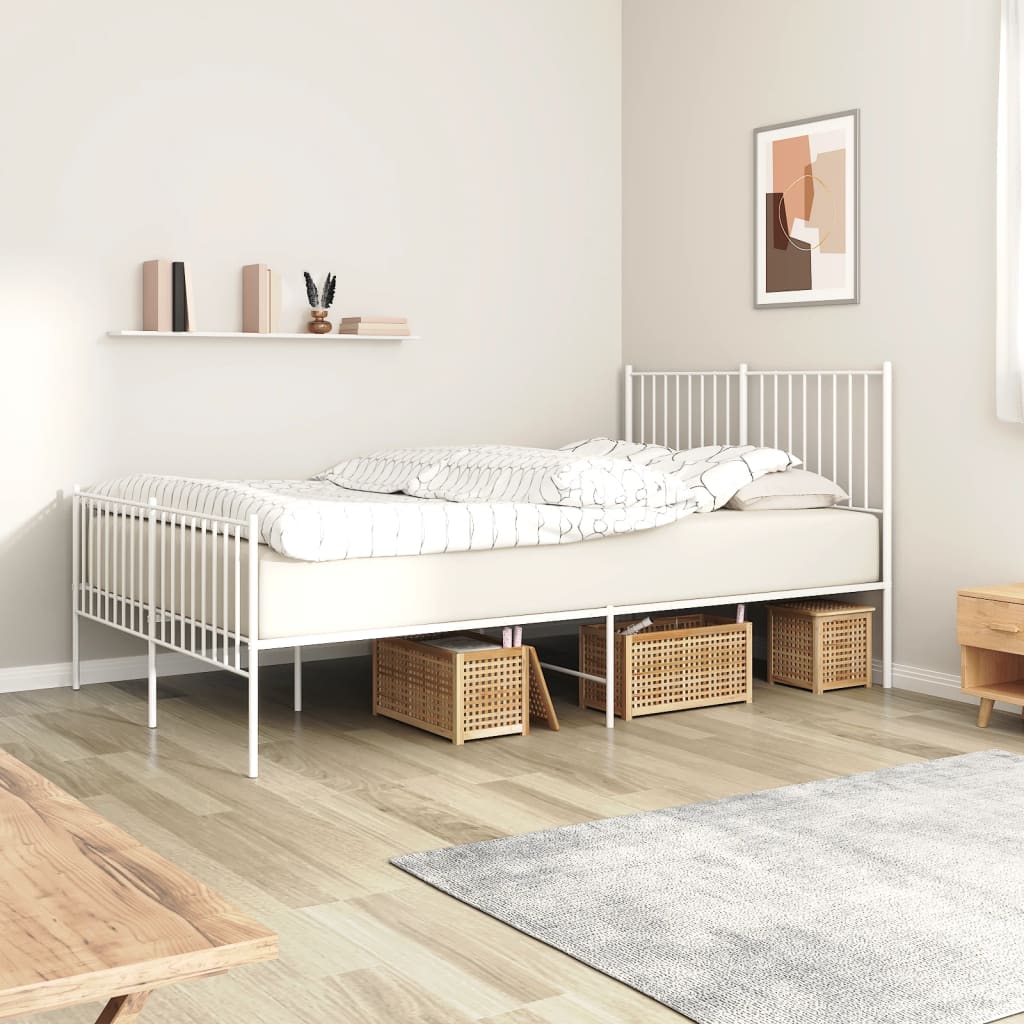 Elegant White Metal Bed Frame with Footboard, 140x200cm