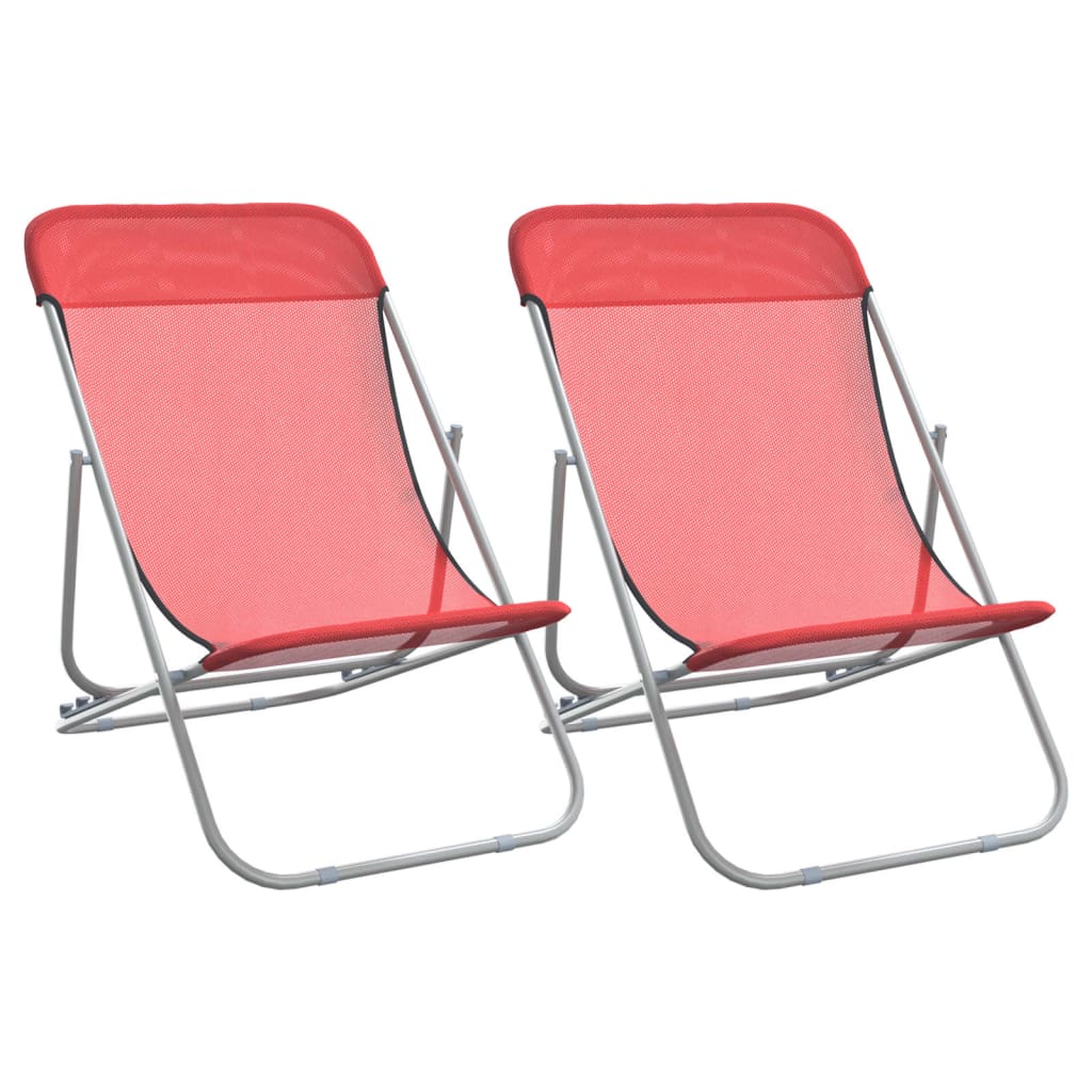 Set of 2 Red Textilene & Steel Folding Beach Chairs