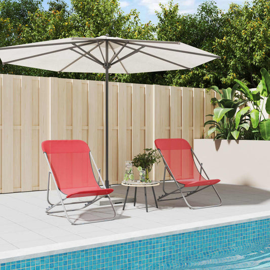 Set of 2 Red Textilene & Steel Folding Beach Chairs