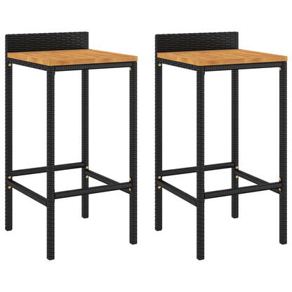 Black Poly Rattan & Acacia Bar Stools Set of 2