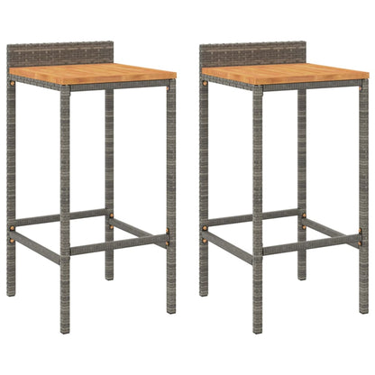 Grey Poly Rattan & Acacia Wood Bar Stools - Set of 2