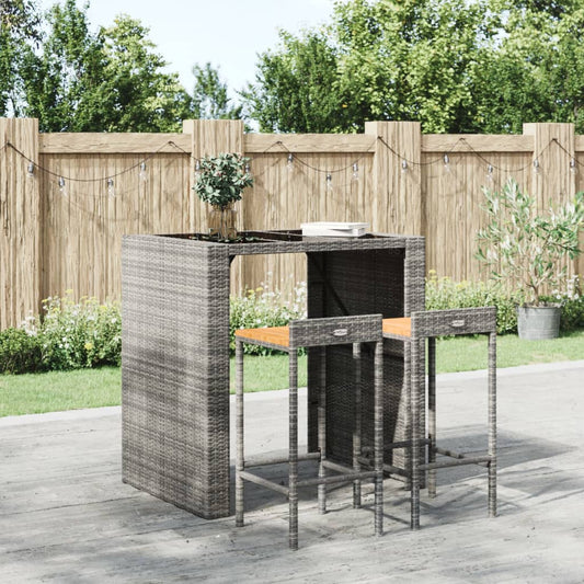 Grey Poly Rattan & Acacia Wood Bar Stools - Set of 2