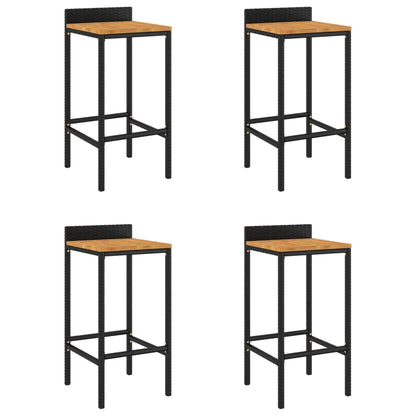 Black Poly Rattan & Acacia Bar Stools - Set of 4