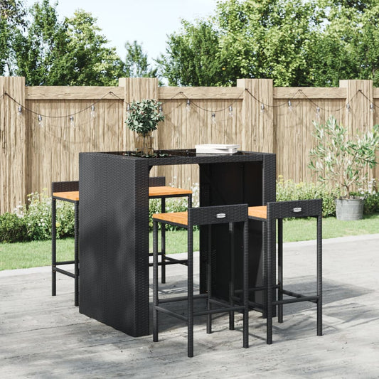 Black Poly Rattan & Acacia Bar Stools - Set of 4