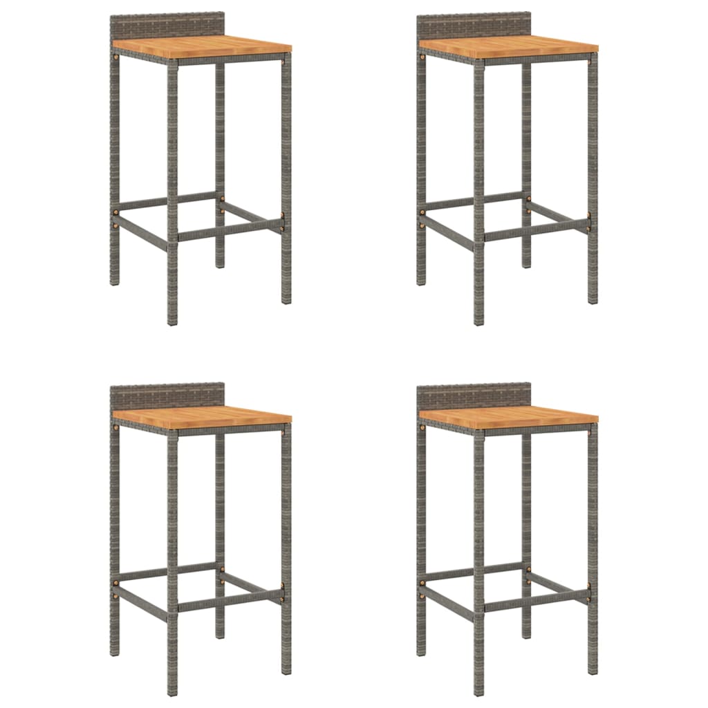 Grey Poly Rattan & Acacia Wood Bar Stools - Set of 4